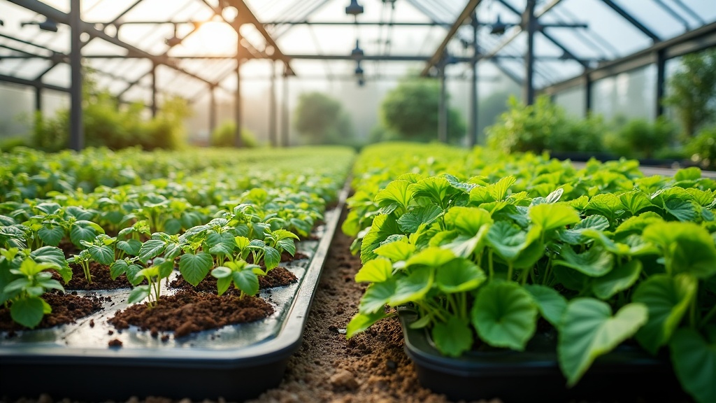 A vibrant hydroponic system and a lush soil garden side by side in a greenhouse