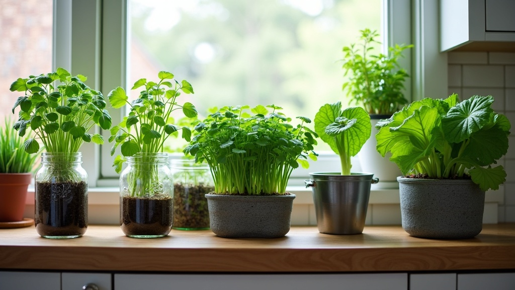 Various easy DIY hydroponic setups on a wooden table, including a mason jar system and a simple pipe system with healthy green plants.